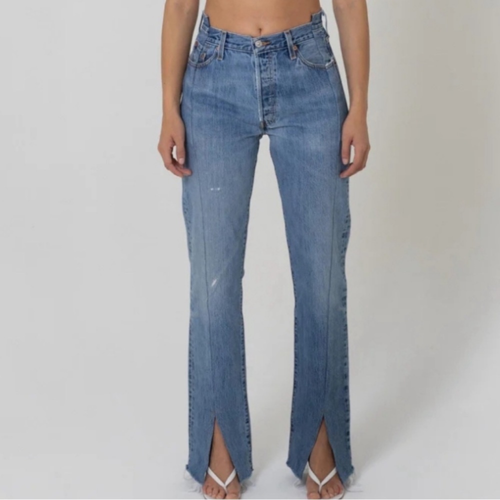 EB Denim Split Hem OG Jeans Womens size 26‎ High Rise Straight Leg Blue Denim